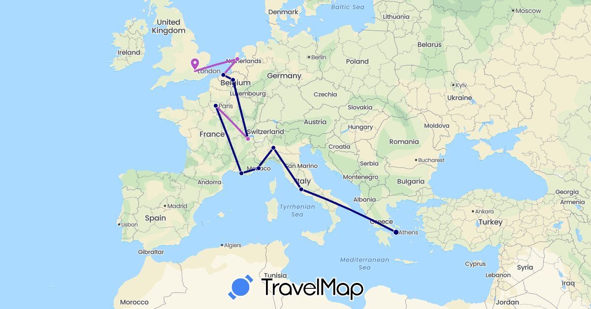 TravelMap itinerary: driving, train in Belgium, Switzerland, France, United Kingdom, Greece, Italy, Monaco, Netherlands (Europe)